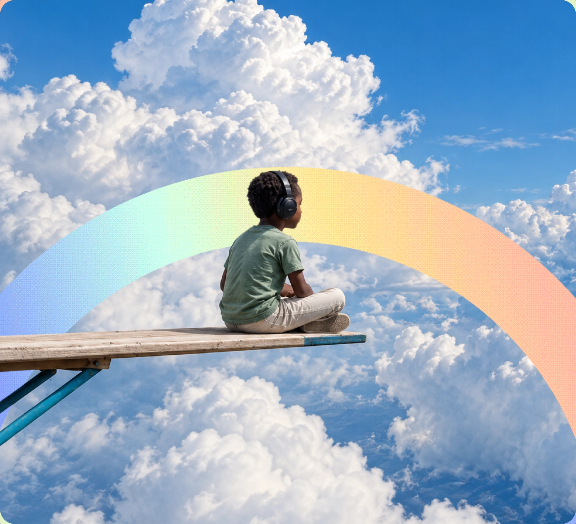 Uma criança com fones de ouvido sentada em uma plataforma, diante de um arco em cores suaves e nuvens.