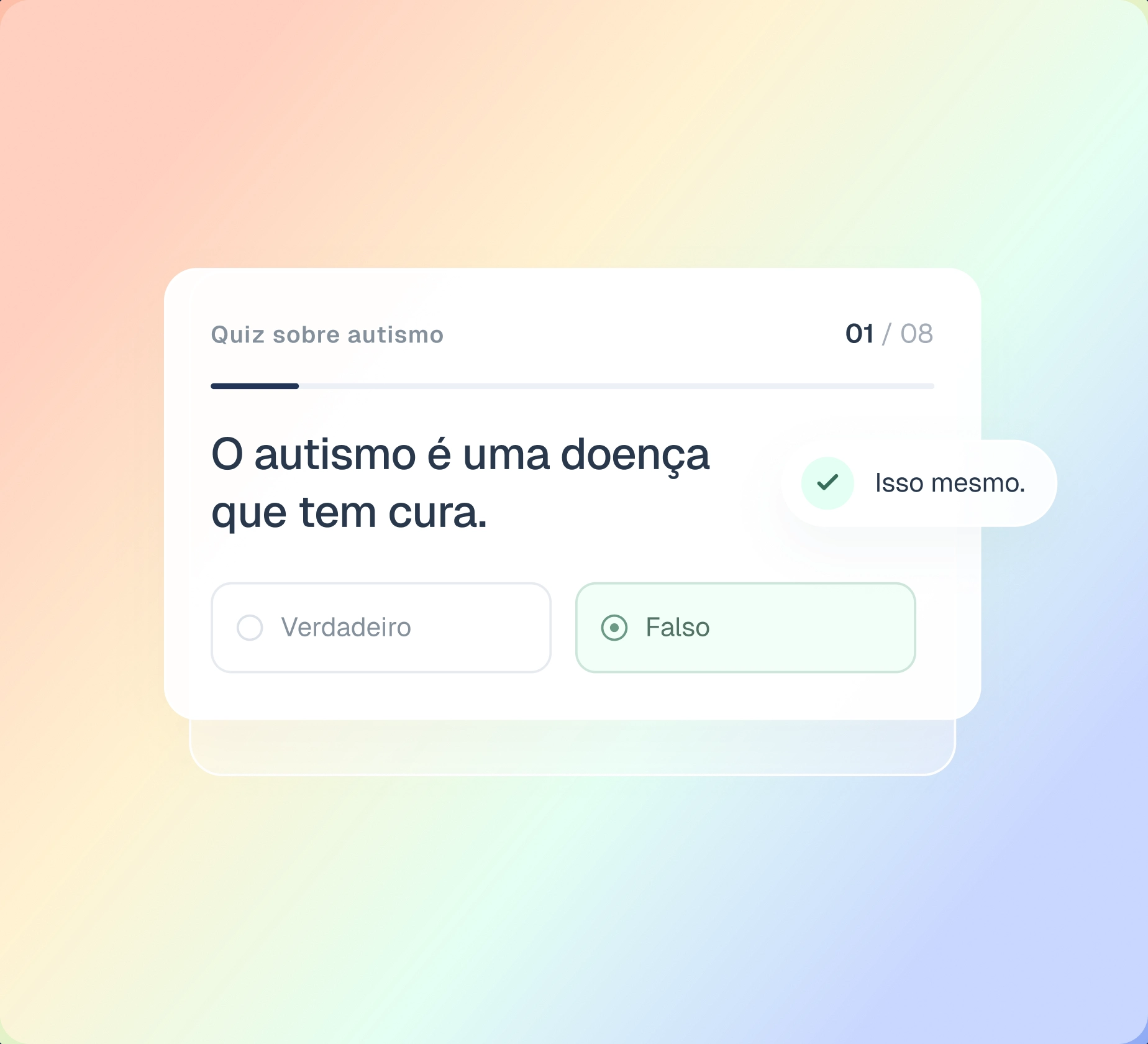 Prévia do quiz educativo com as opções verdadeiro e falso e uma explicação após a resposta.